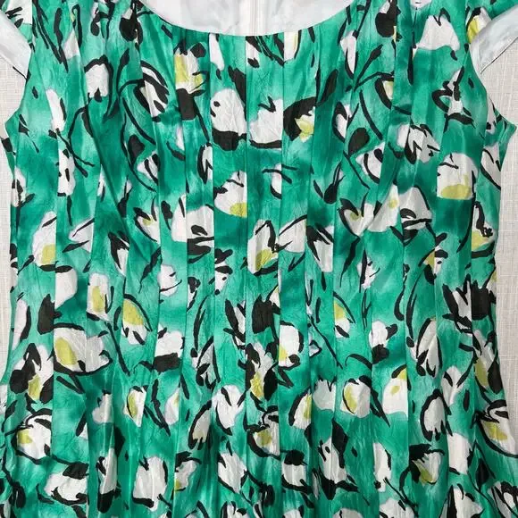 Kay Unger Dress Green Silk Cotton Blend Floral Fit Flare Scoop Neck Size 12 - Picture 7 of 13